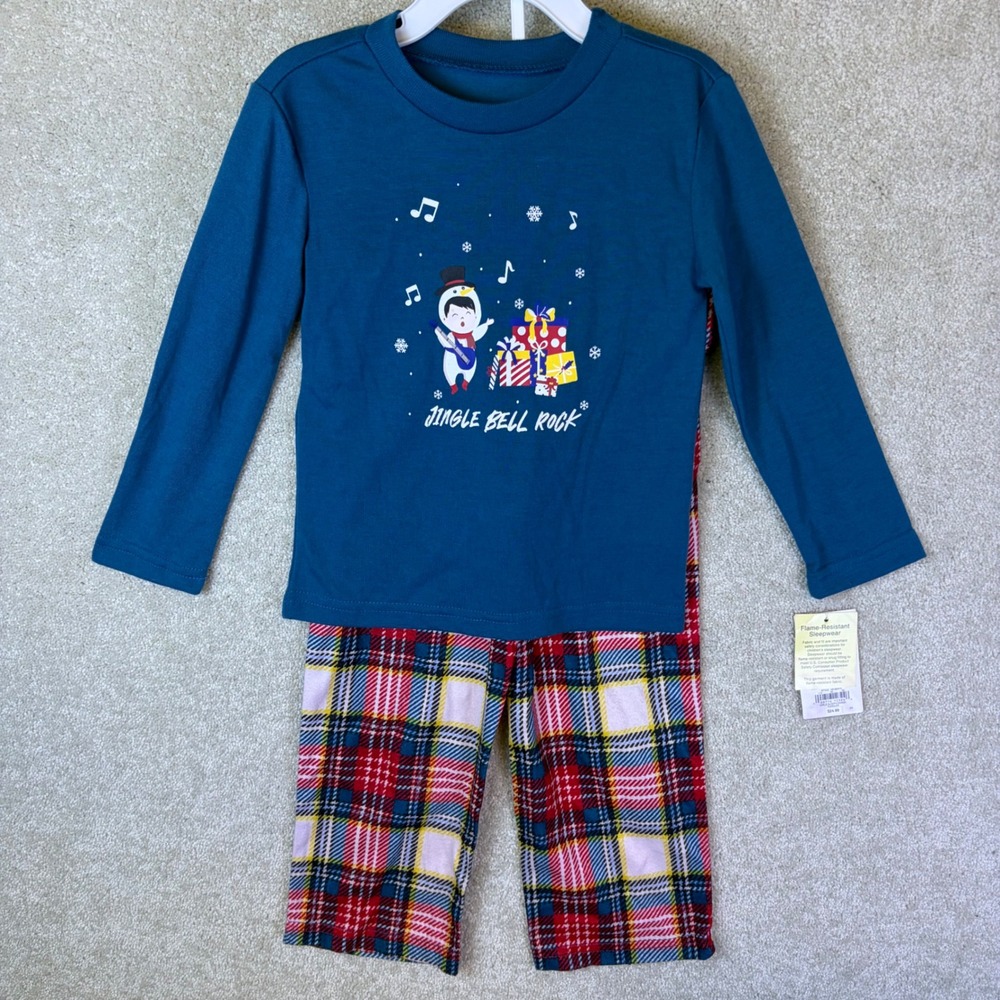 Jammies For Your Families Pajama Set Toddler 3T Blue Christmas Snowman Plaid NEW